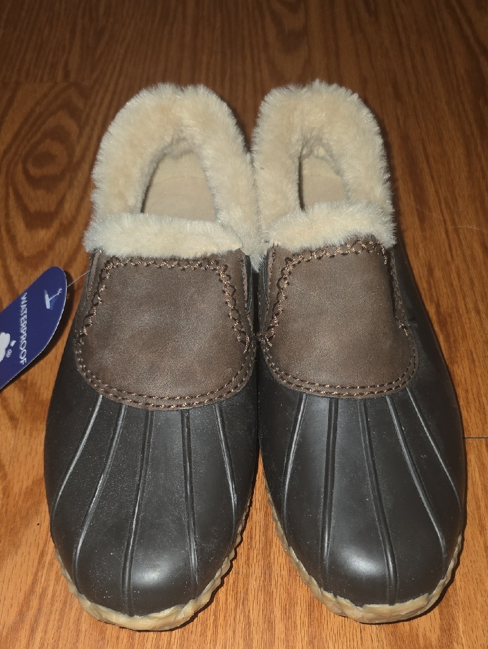 JBU Women's Brown and Cream Winter Rain Slip-On Boots